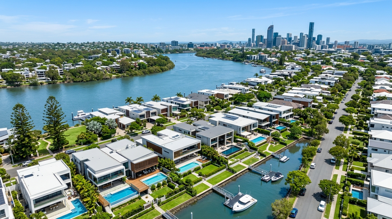 Elevated view of Australian suburban residential properties and urban riverfront