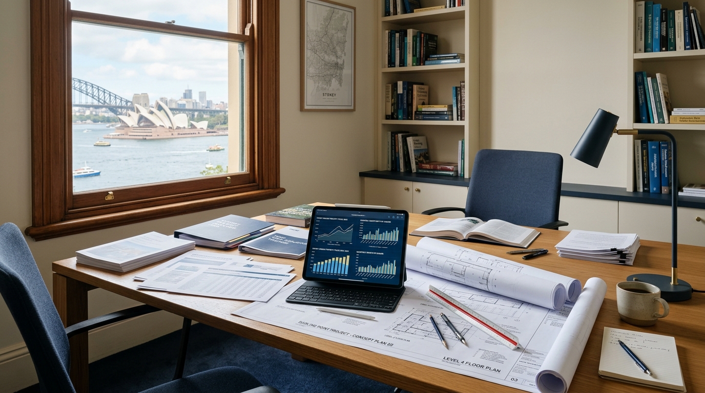 2nd Act Realty editorial research workspace in Sydney with property market data reports