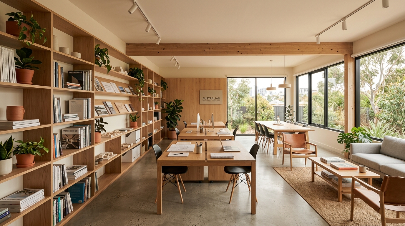 Minimalist interior of 2nd Act Realty editorial research studio
