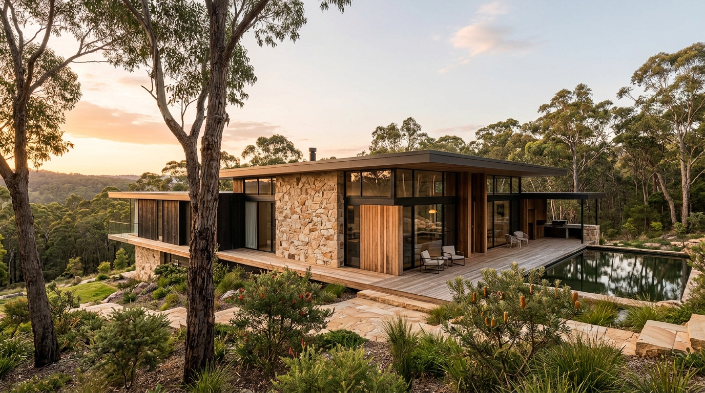 Contemporary Australian residential property surrounded by native eucalyptus at golden hour