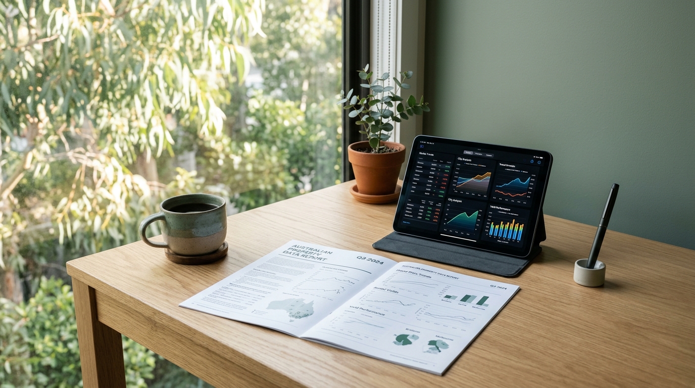 Australian housing market data research reports and tablet display
