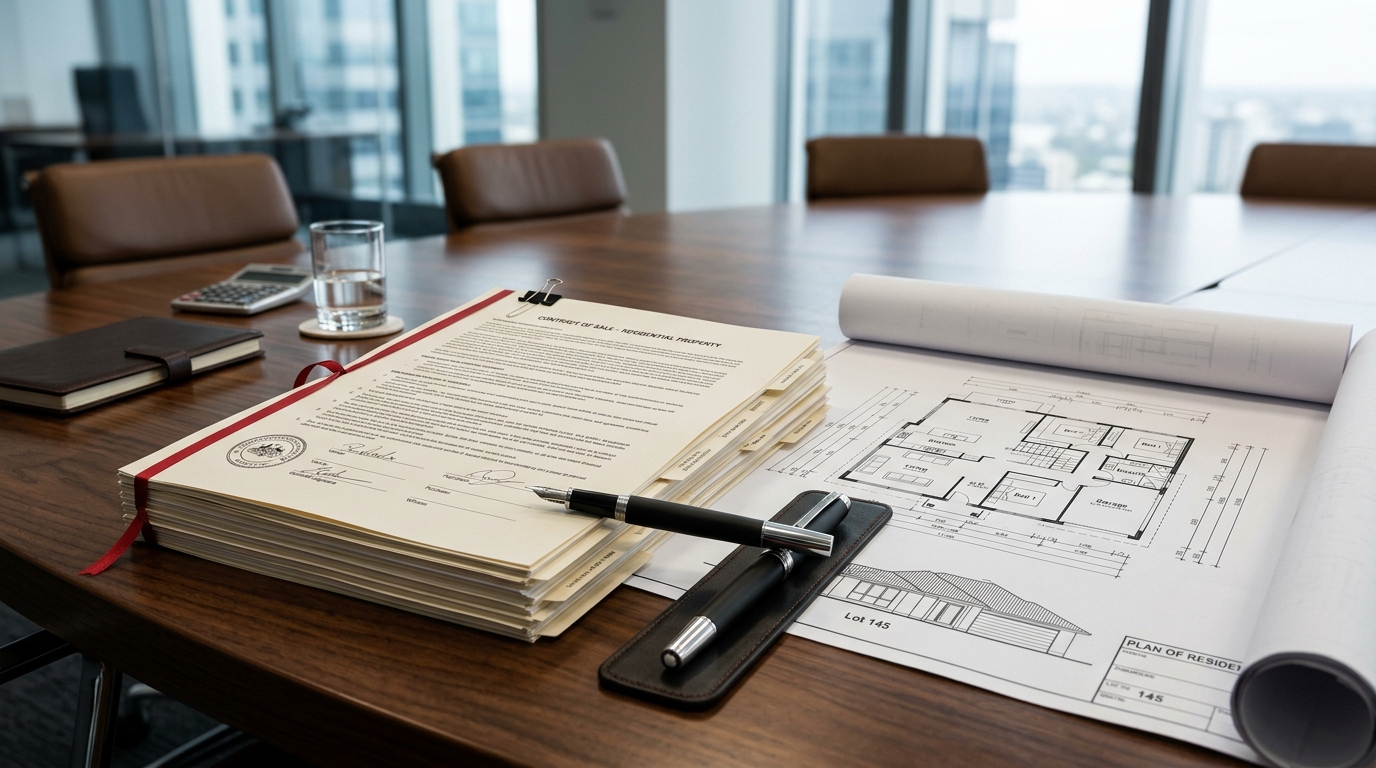 Contract of sale documents and architectural floor plan illustrating state stamp duty transfer costs