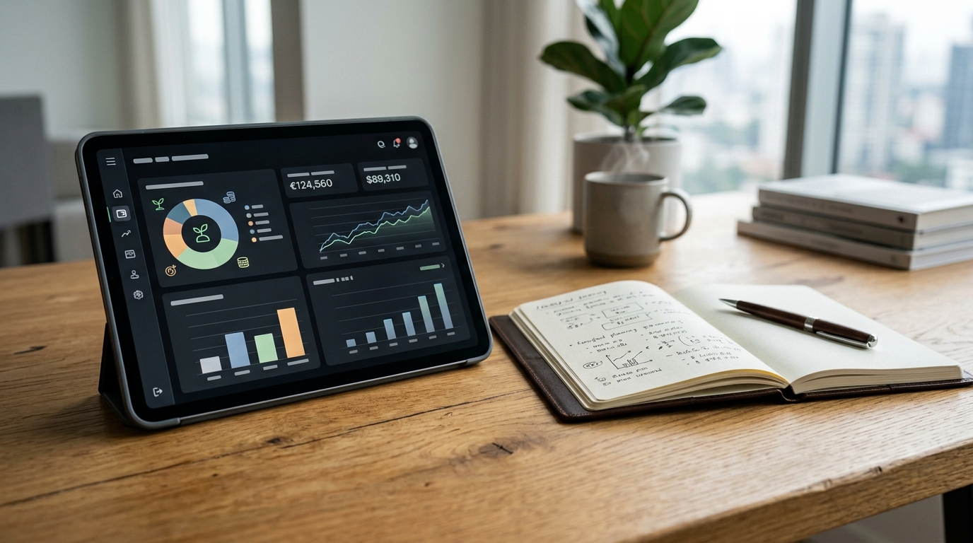 Digital banking tablet and financial notes comparing offset accounts and redraw facilities