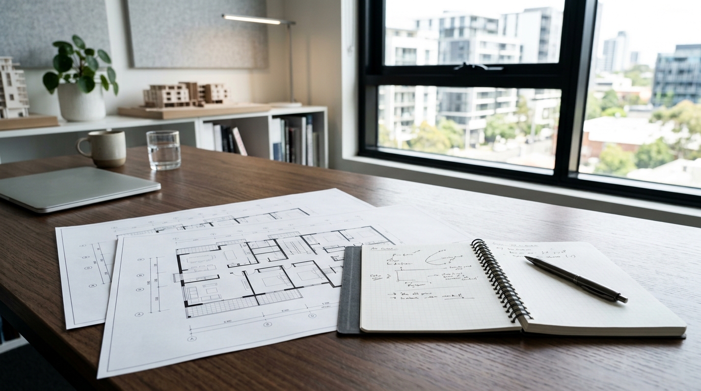 Due diligence notepad and property floor plans for interviewing a buyers agent