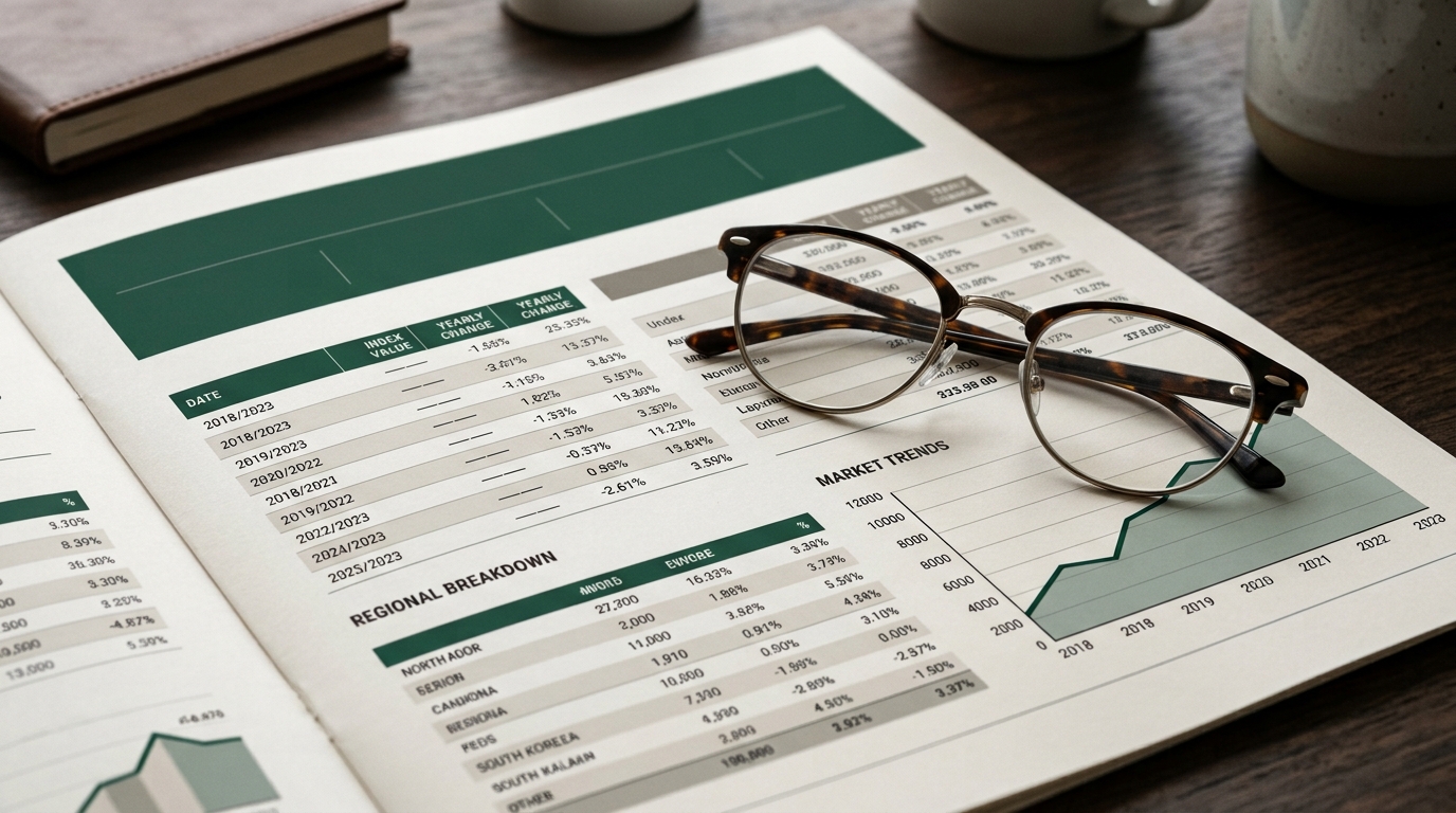 Printed property index statistical report with reading glasses and trend charts