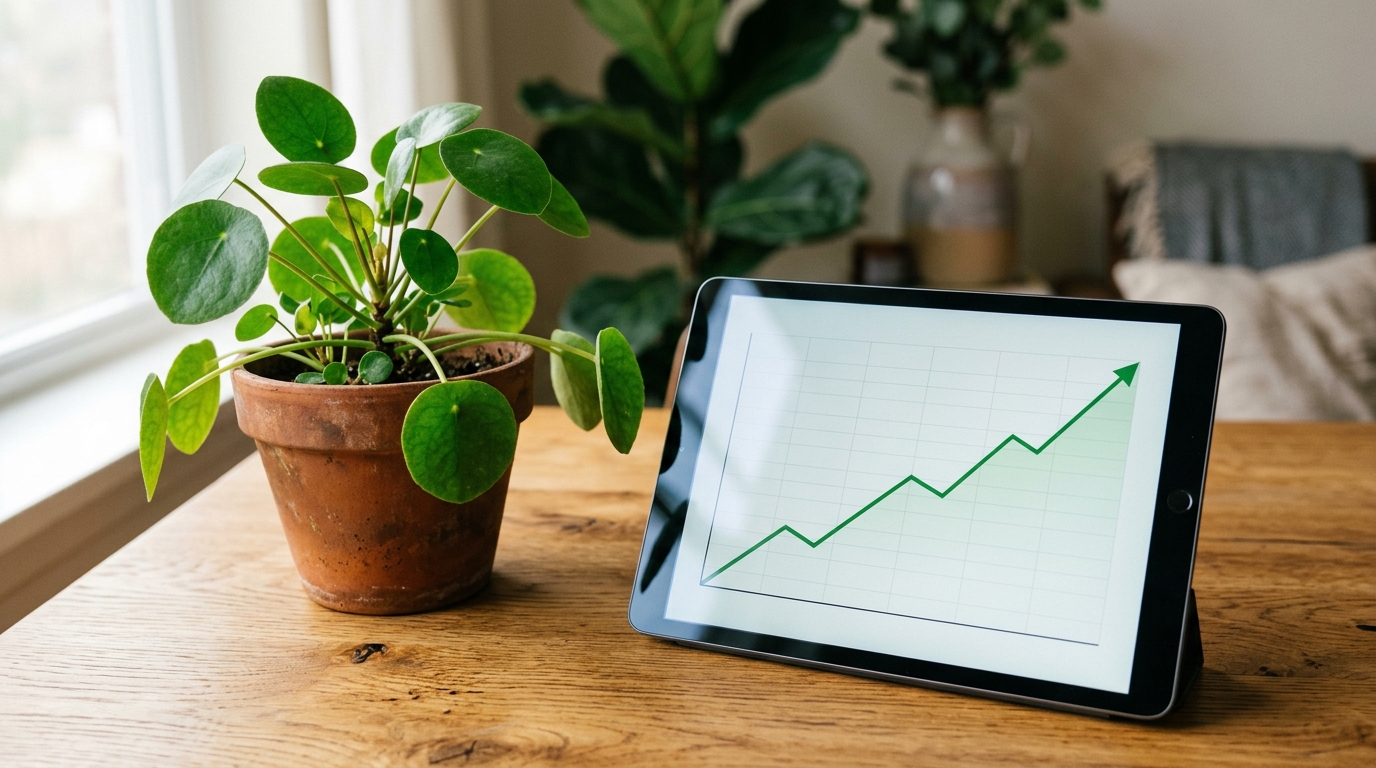 Growing plant beside an upward trending chart symbolizing rental yield and capital appreciation
